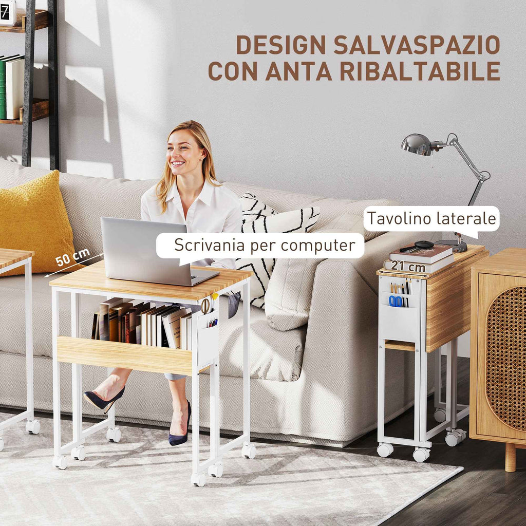 HOMCOM Space-Saving Folding Desk with Drop-Leaf Top, Storage Pocket, and Wheels, Natural Wood