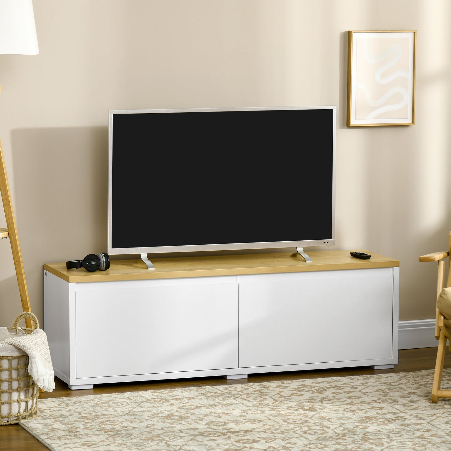 TV Stand up to 65" with Cabinets and Drop-Door in Chipboard, 140x37x45cm, White and Wood Color