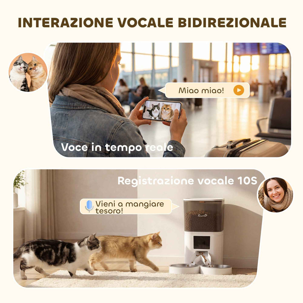 PawHut 6L Automatic Cat Food Dispenser, WiFi 2.4G, App Control with Timer, 1-10 Meals per Day, 10s Recorder, 2 Stainless Steel Bowls