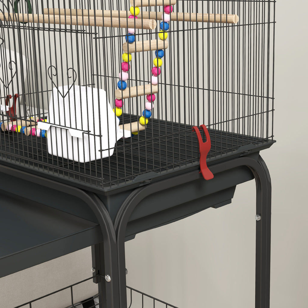 Bird Cage with Pedestal, Swivel Wheels, Shelf and Accessories, 46x36x120 cm, Black