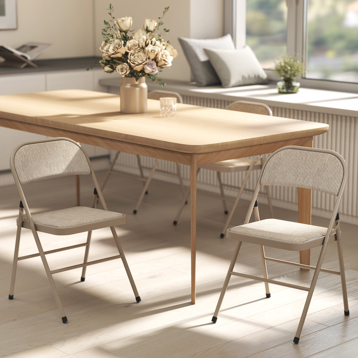 HOMCOM Set of 2 Folding Chairs with Upholstered Polyester Seat and Steel Frame, Beige