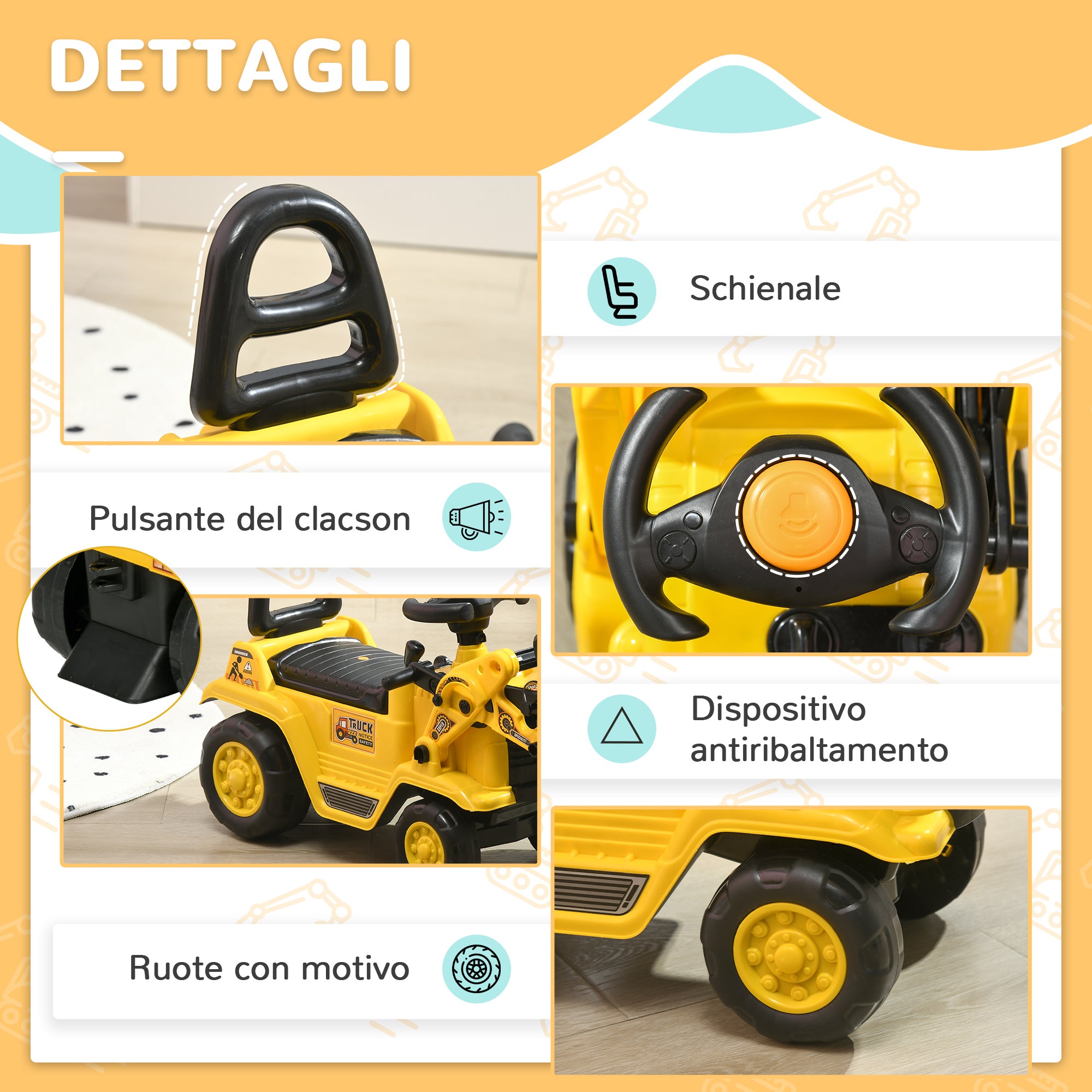 Children's Excavator with Bucket and Retractable Storage Space, PP and ABS, 80x26.5x39 cm, Yellow and Black