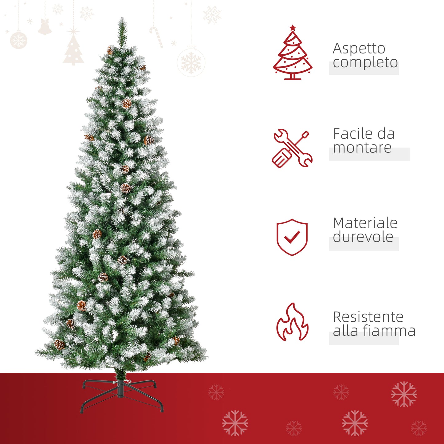 Snowy Christmas Tree 180cm with 630 Branches and 37 Pine Cones, in Plastic and Metal, Green and White