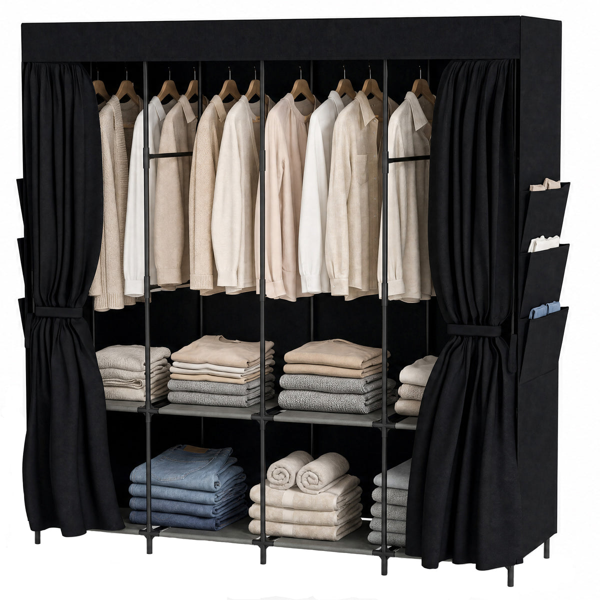 HOMCOM Space-Saving Fabric Wardrobe with 5 Rods, 4 Shelves, 6 Side Pockets, 170x45x167 cm, Black