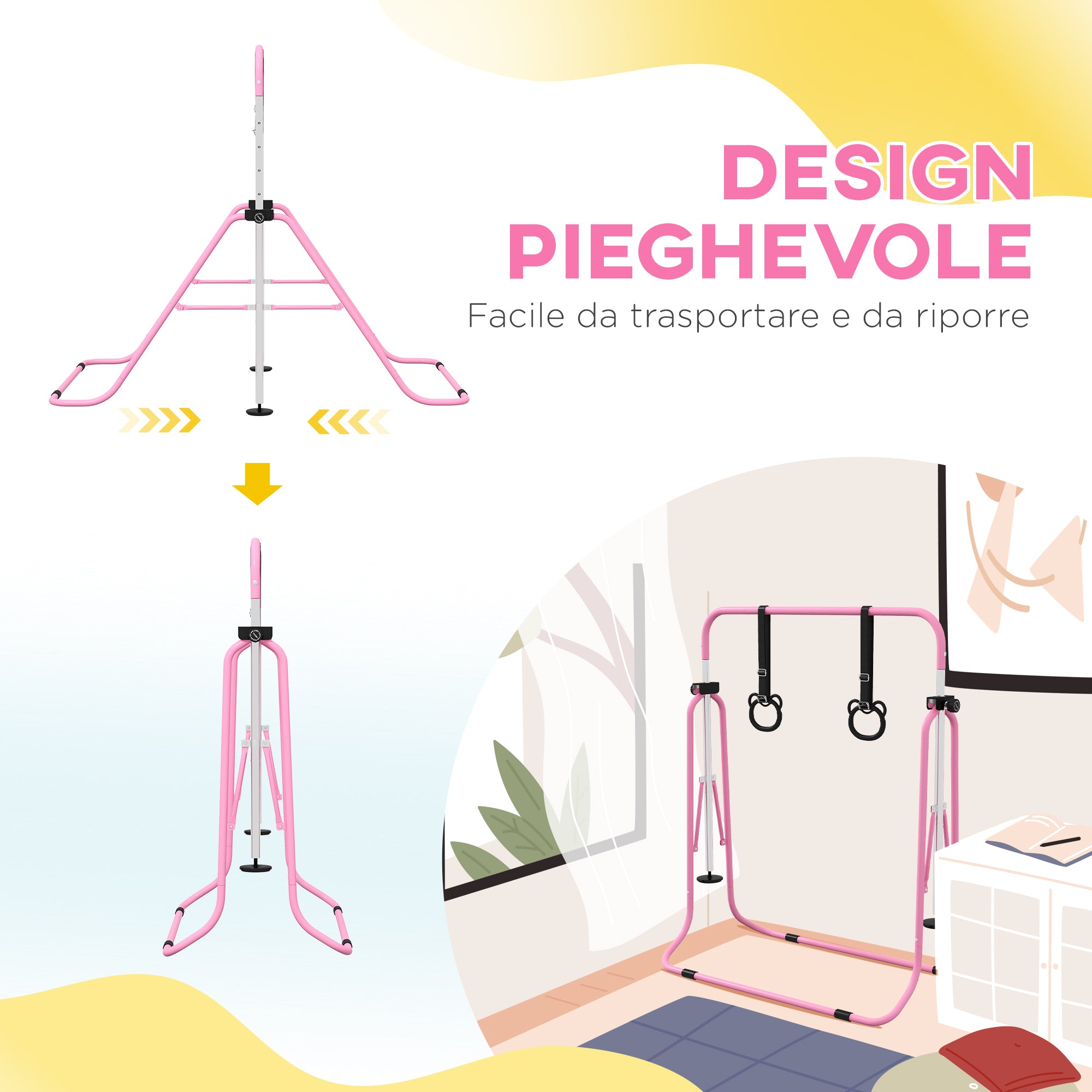 Height Adjustable Gymnastics Bar for Children with 2 Rings, Steel, 148x105x88-128 cm, Pink
