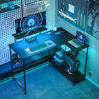Corner Gaming Desk with LED Lights, Power Outlets, Monitor Stand and Shelf, Black