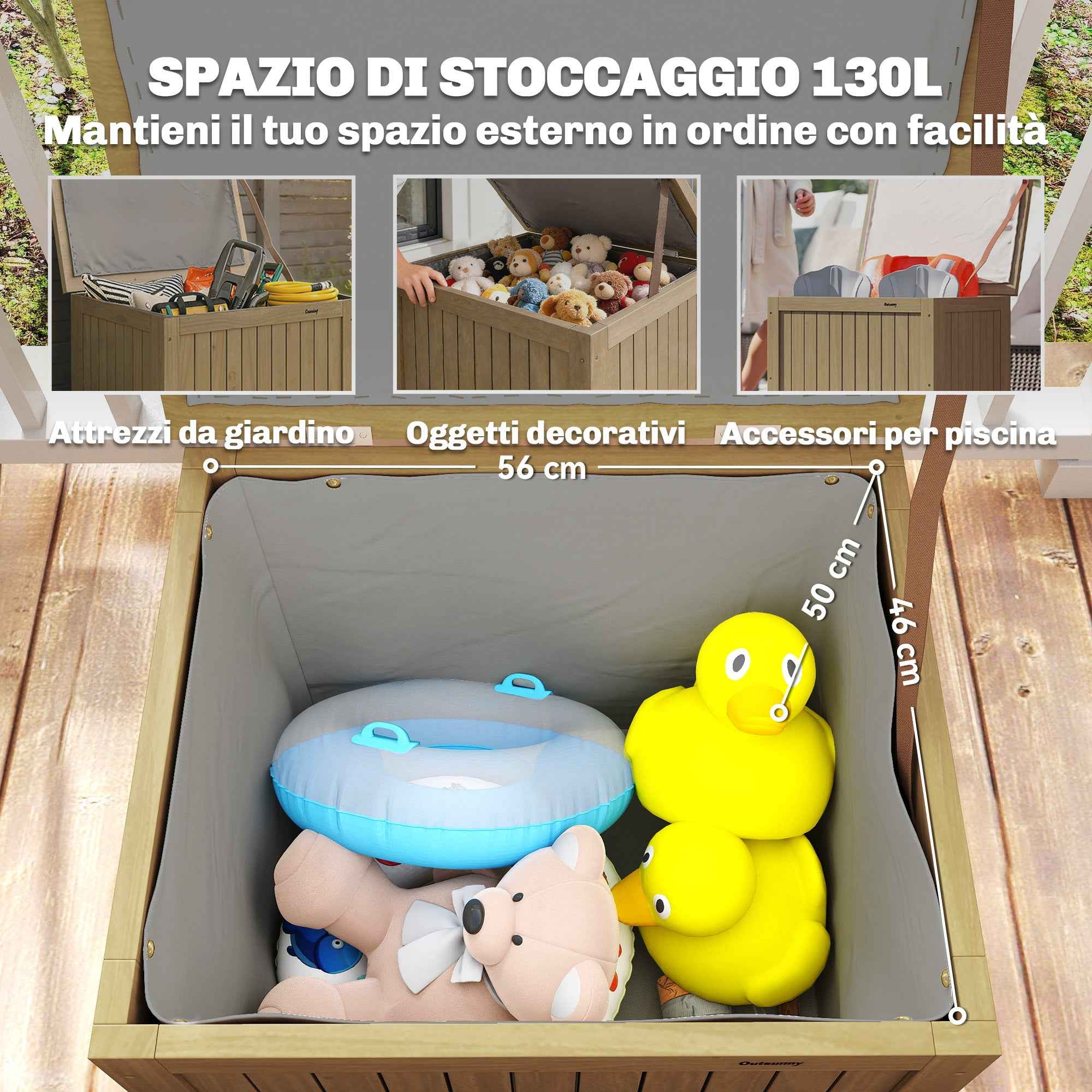 Outsunny 130L Outdoor Storage Chest with Lid, Hinges and Strap, Wooden, 63x51x58.5 cm, Brown