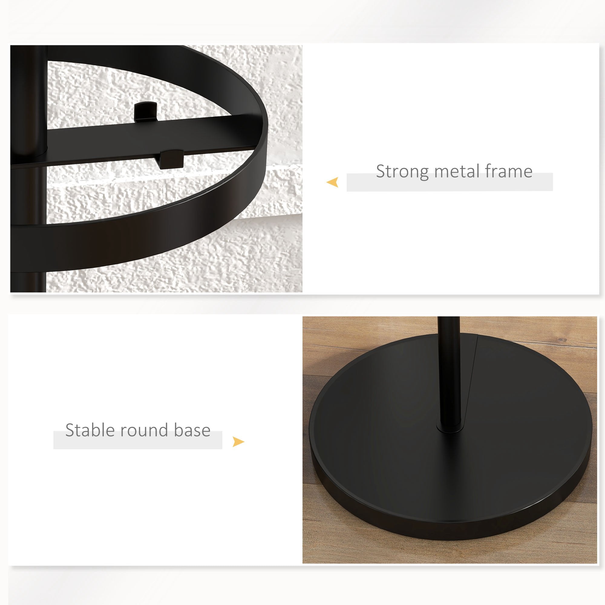 HOMCOM Floor Coat Hanger with Umbrella Holder and 8 Metal Disc Hooks Ø34 x 177cm, Black - Borgè