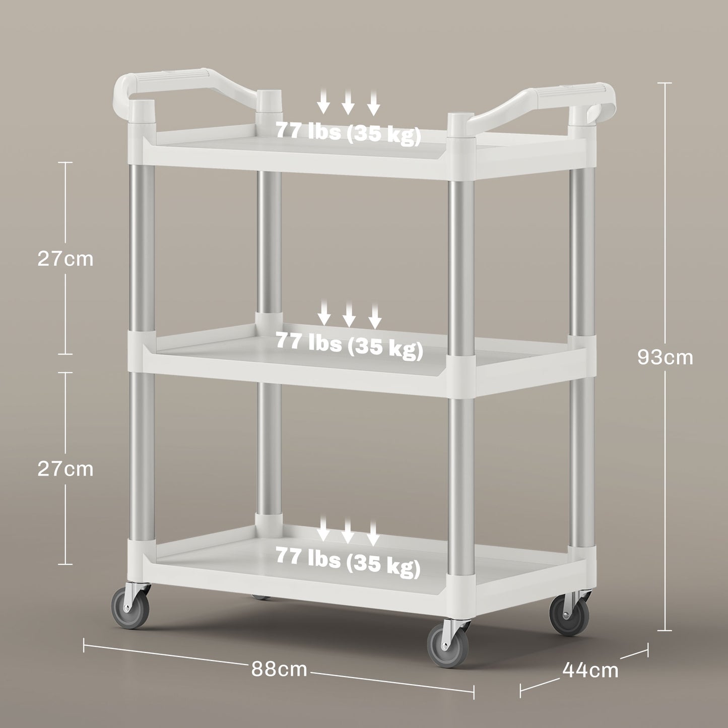 3-Tier Food Trolley in PP and Aluminum Alloy, 88x44x93 cm, White and Silver