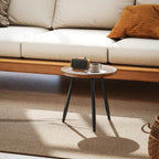 Round Coffee Table with Raised Edge and 3 Legs, in Wood and Steel, Ø40x39 cm, Black and Wood Color