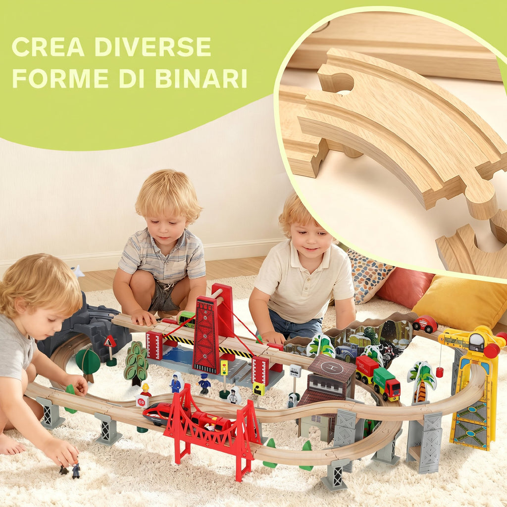 AIYAPLAY Wooden Railway Set, 100 Pieces for Kids Ages 3+ with Magnetic Crane, Trains, Bridge, Helicopter