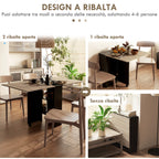 LEAF - Foldable Console Table for 4-6 people with Wheels and Shelves, 140x75x74cm, Oak and Black