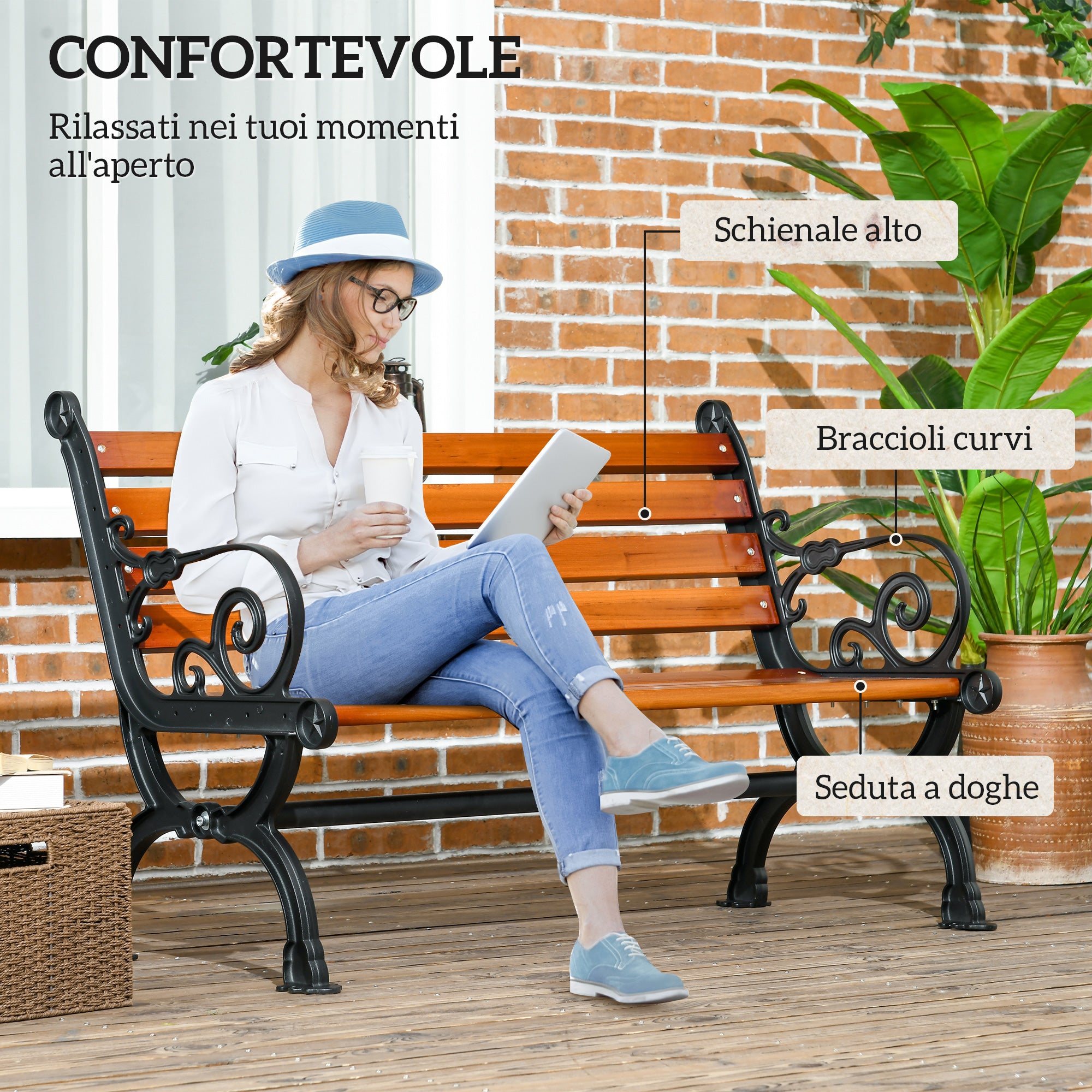 Outsunny 2-Seater Garden Bench in Aluminum and Wood with Slats and Armrests, 120x64x79cm, Teak