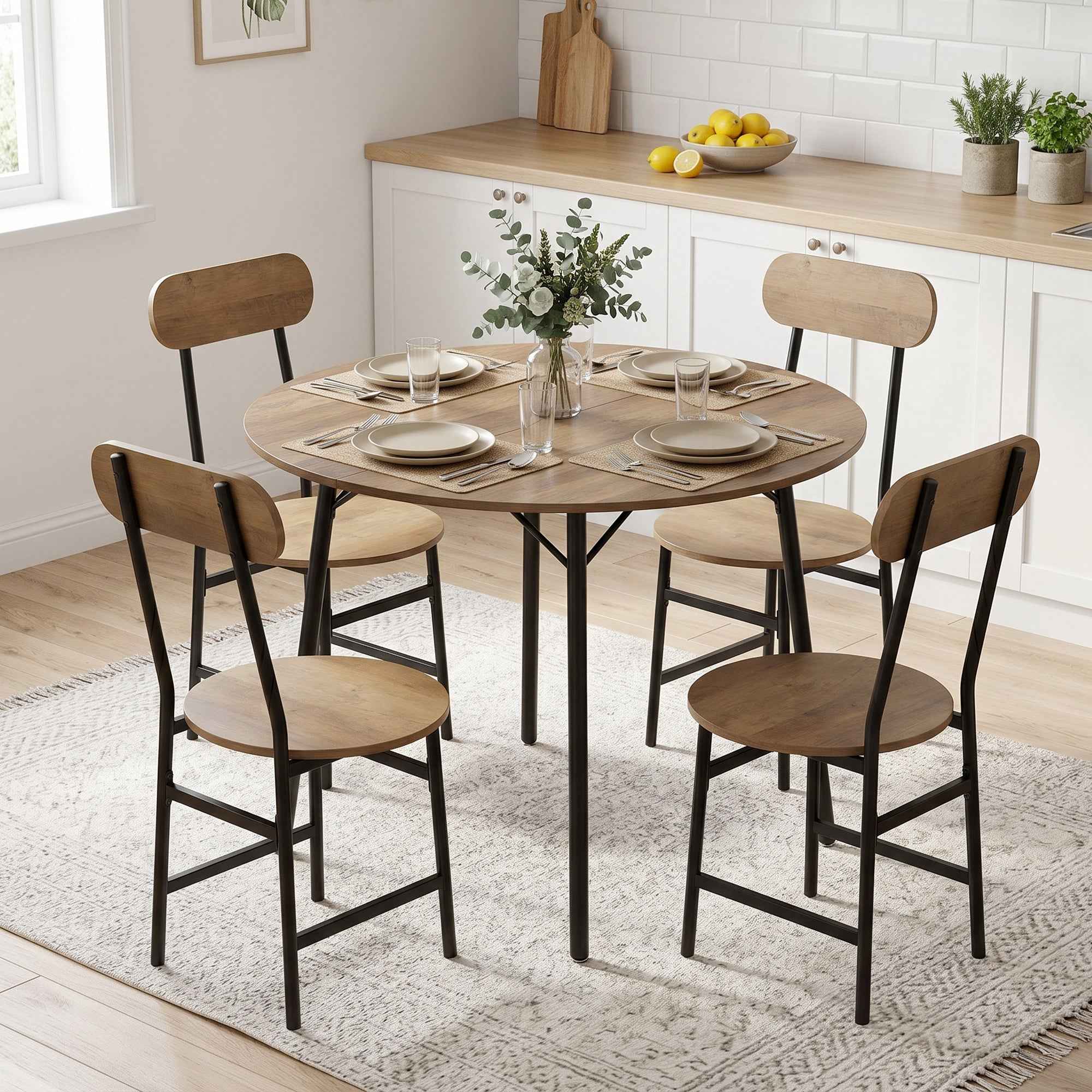 HOMCOM 5-piece dining set: table and 4 chairs, metal legs, natural finish.