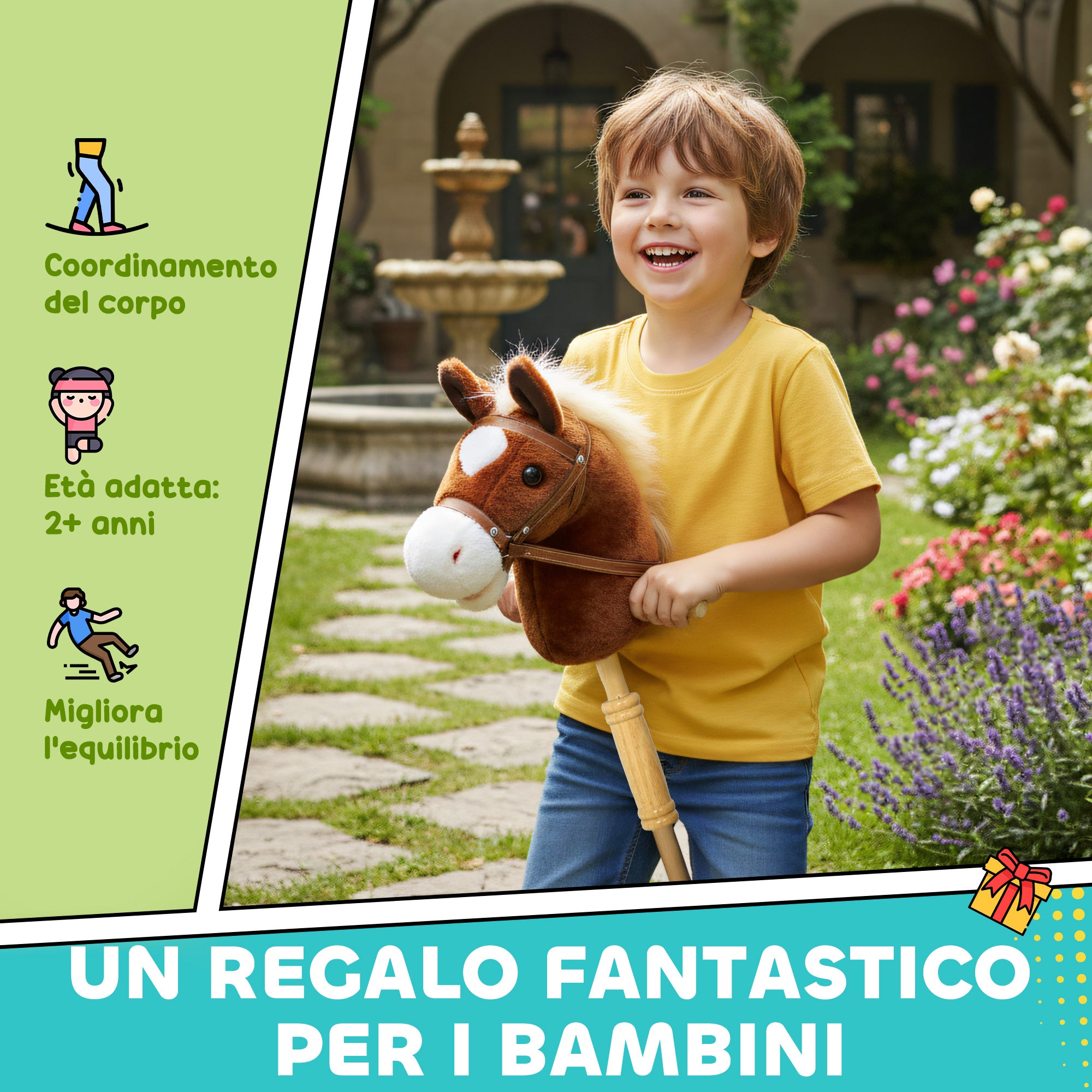 Horse with Stick and Realistic Sounds for Children 24+ Months, in Polyester and Wood, 95x25x27 cm, Brown