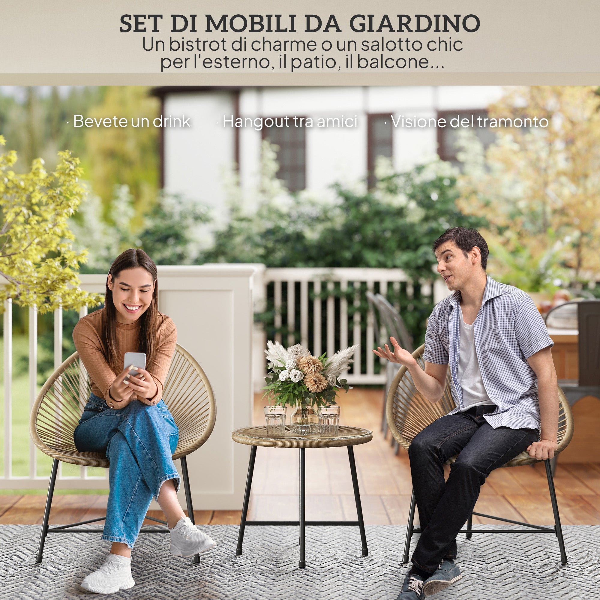 3 Piece PE Rattan and Steel Garden Set with 2 Oval Chairs and Coffee Table, Black and Wood Color