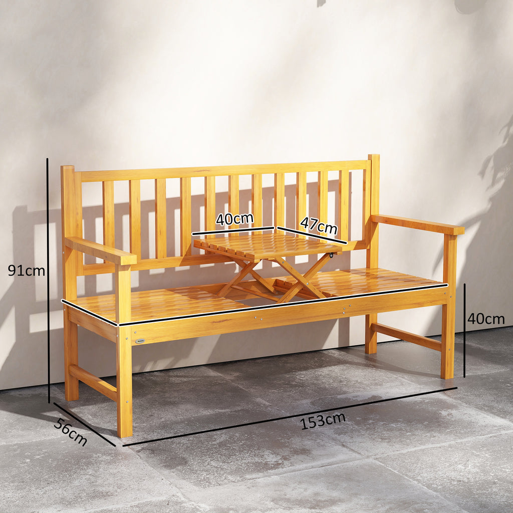 Outsunny Garden Bench with Liftable Central Table and Armrests, Wooden, 153x56x91 cm, Light Brown