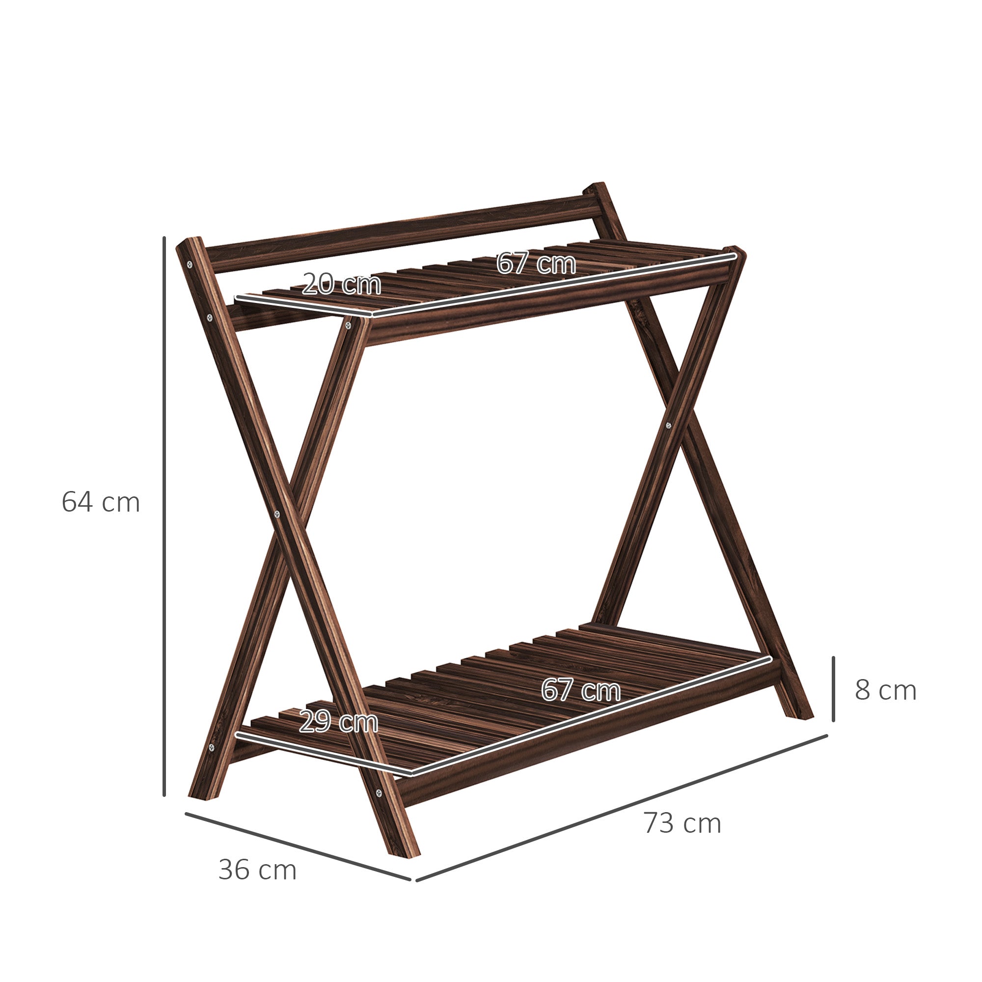 Set of 2 2-Tier Plant Holders with Slatted Design in Fir Wood, 73x36x64 cm, Burnt Brown