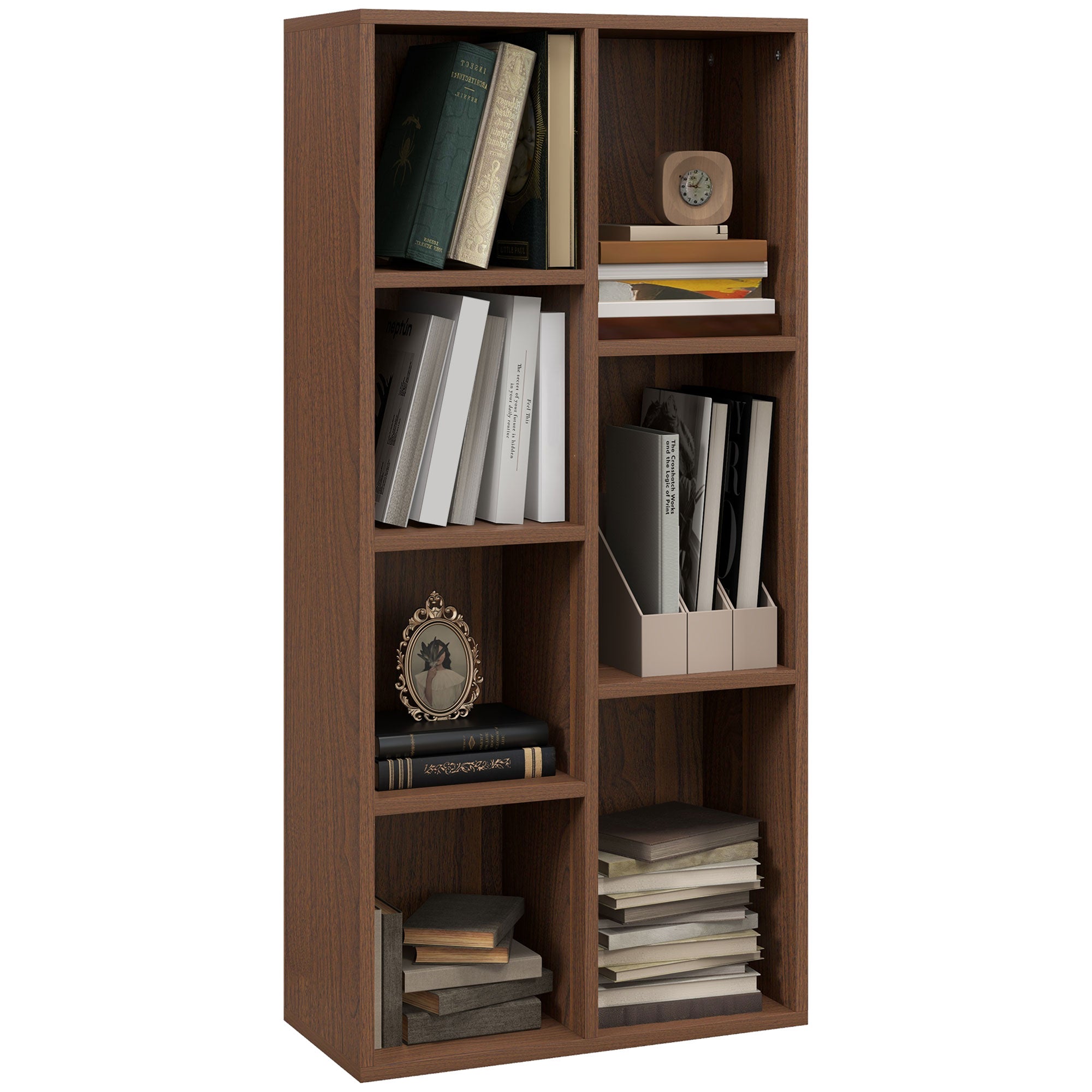 Wooden Cube Bookcase with 7 Shelves of Different Sizes, 50x24x106 cm, Walnut Color