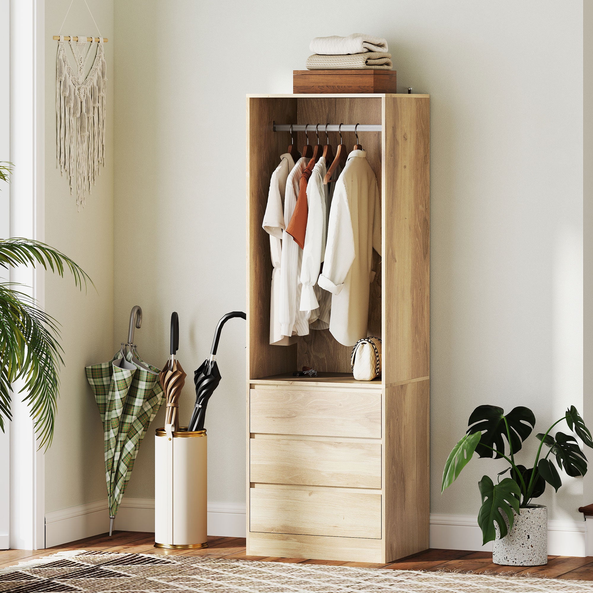 Wardrobe with Clothes Rail, Open Shelf and 3 Drawers, in Wood, 60x48.5x185 cm, Teak color