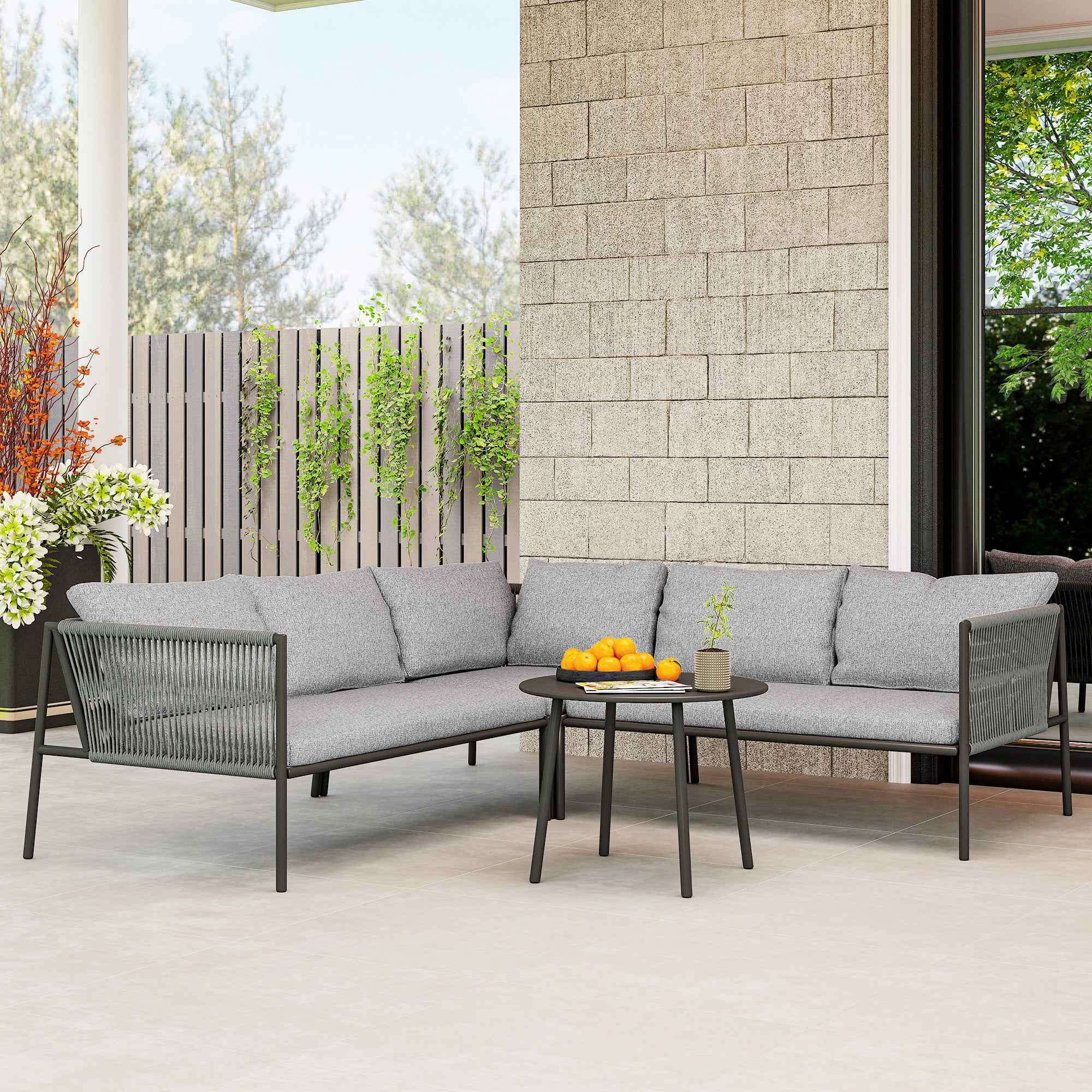 Outsunny Rattan Garden Lounge Set with Modular Corner Sofa, Coffee Table, and Cushions, Grey