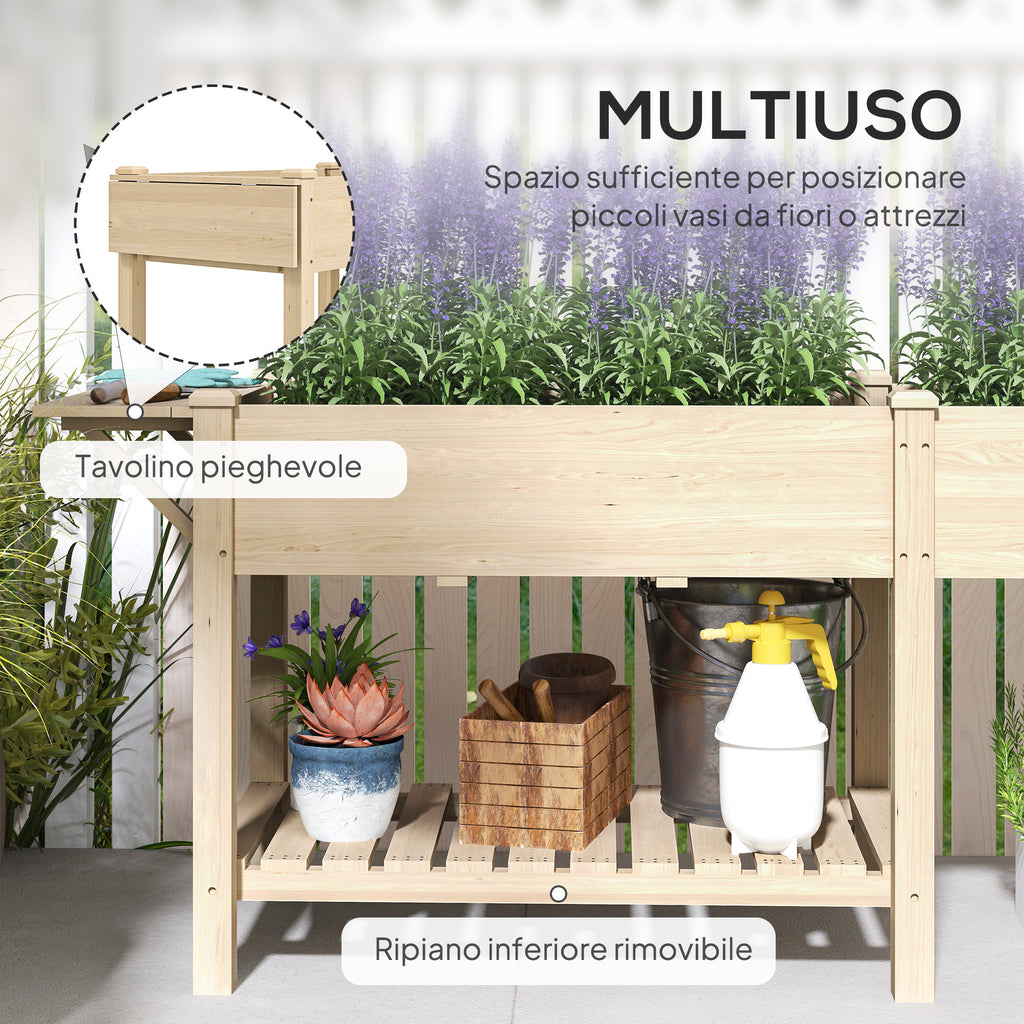 Raised Planter with Side Table and Lower Tool Shelf, in Fir Wood, 207x59x78 cm