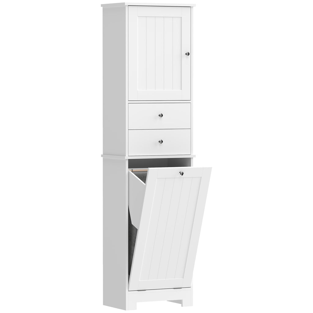 Bathroom Cabinet with Folding Laundry Hamper, Cabinet and 2 Drawers, Wooden, 45x30x171 cm, White