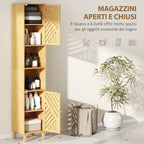 Bathroom Cabinet with 2 Cabinets and 2 Shelves with Adjustable Shelf, in Bamboo and Chipboard, 32x30x170 cm
