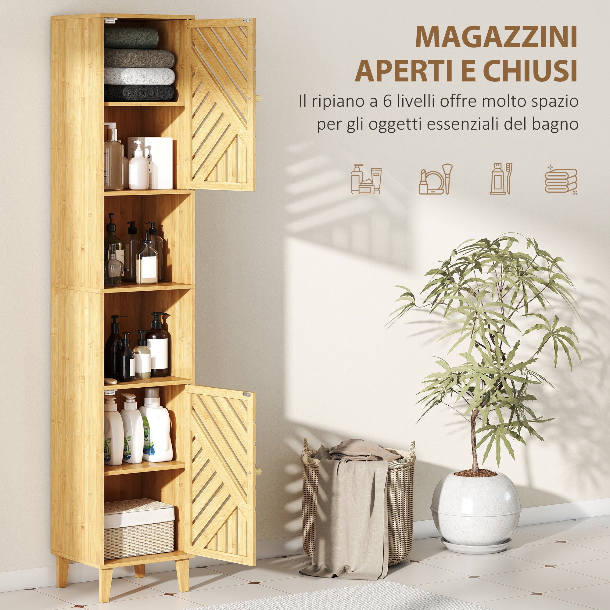 Bathroom Cabinet with 2 Cabinets and 2 Shelves with Adjustable Shelf, in Bamboo and Chipboard, 32x30x170 cm