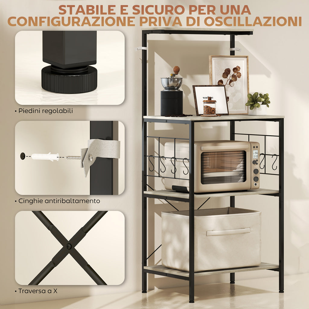 4-Tier Kitchen Shelf with Mesh Panels and 8 Hooks, Industrial Style, 60x42x134.5 cm, Oak