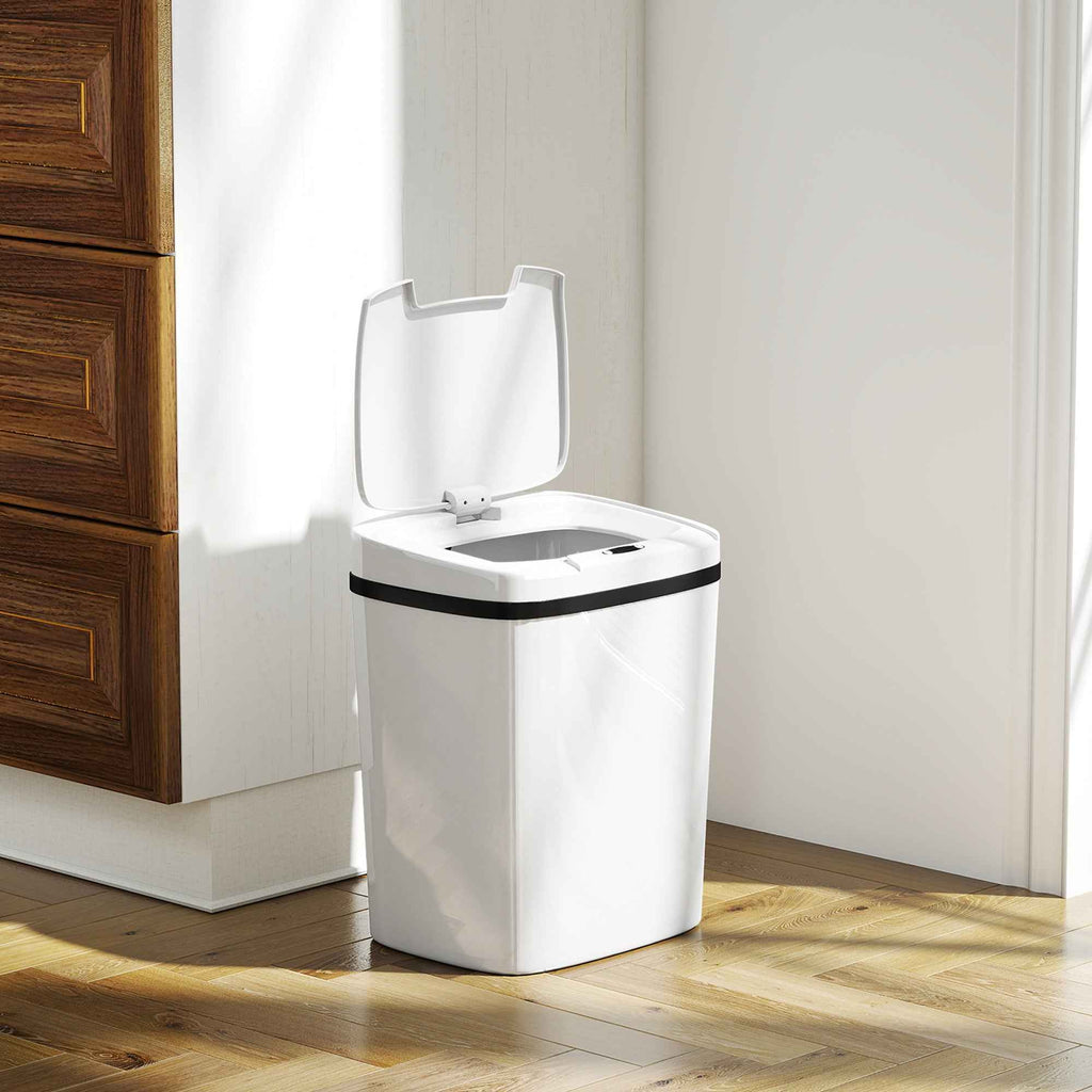 HOMCOM 15L Infrared Sensor Trash Can with 2 Opening Modes, Anti-Fingerprint Surface, Bathroom, White