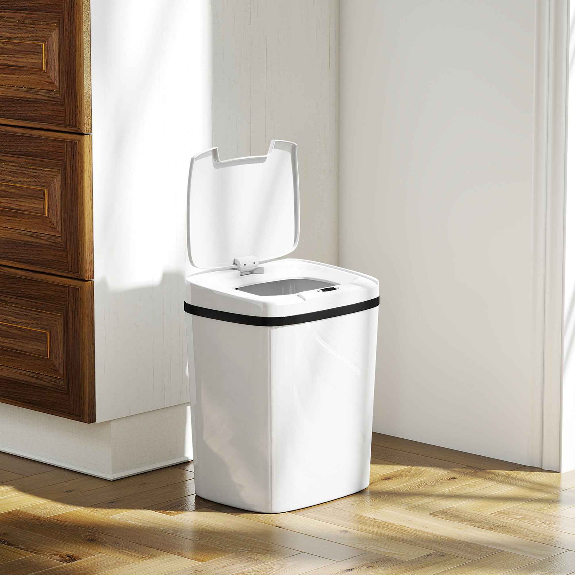 HOMCOM 15L Infrared Sensor Trash Can with 2 Opening Modes, Anti-Fingerprint Surface, Bathroom, White