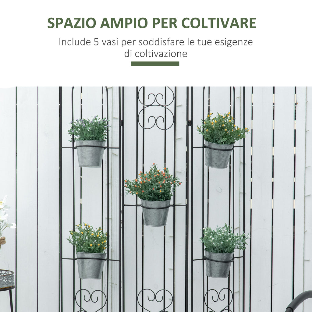 Folding Vertical Plant Stand with 5 Outdoor Metal Pots, 82x12.5x150cm, Black