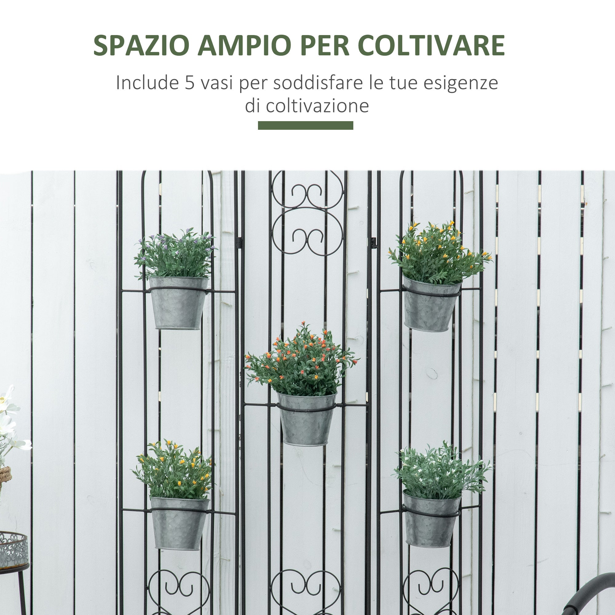 Folding Vertical Plant Stand with 5 Outdoor Metal Pots, 82x12.5x150cm, Black