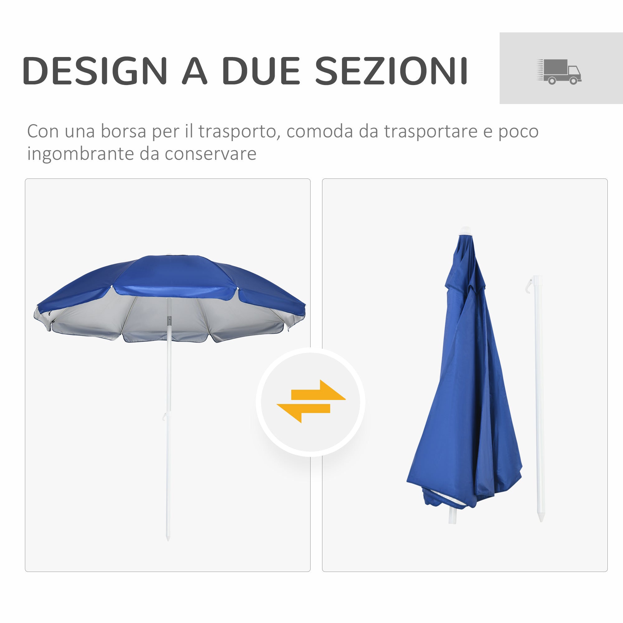 Tilting Beach Umbrella with Side Curtains, in Polyester and Steel, Ø191x211 cm, Blue and White
