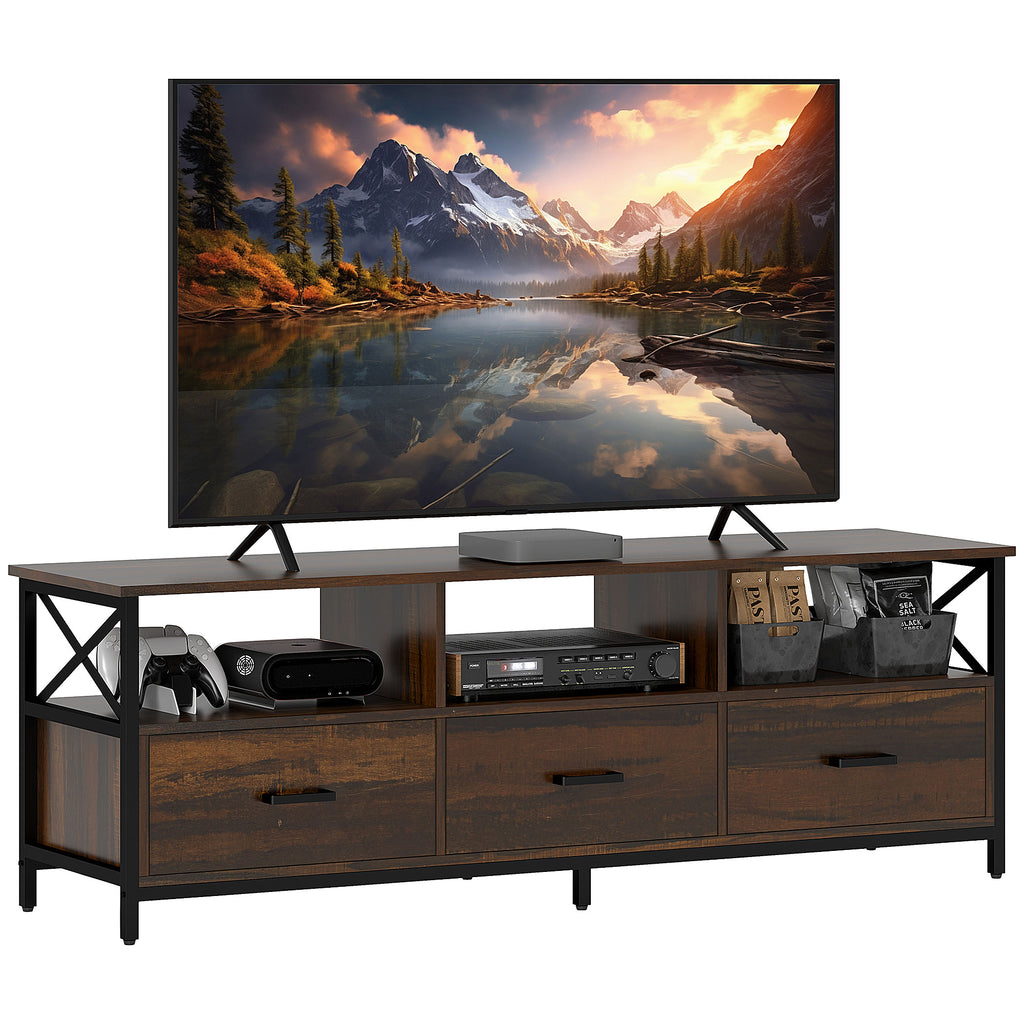 Industrial TV Cabinet with 3 Drawers and 3 Open Shelves, in Wood and Steel, 147x40x50 cm, Black and Brown