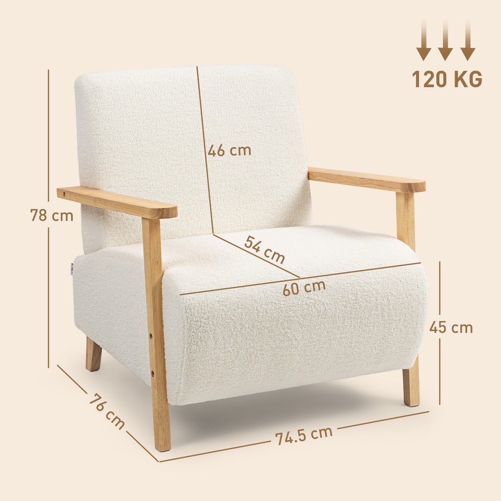 Nordic Style Sherpa Fabric Lounge Chair with Wooden Armrests and Legs, Cream