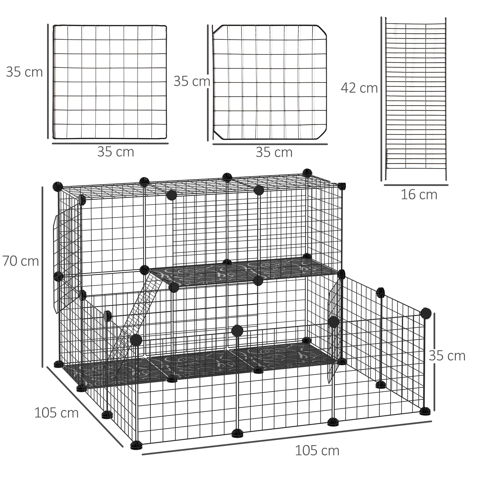 Modular Rabbit Run with Mounting Accessories, Steel, 105x105x70cm - Black