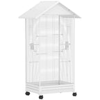 PawHut Wheeled Bird Aviary with Removable Tray, Perches and Feeders, Steel, 79x65x155 cm, White