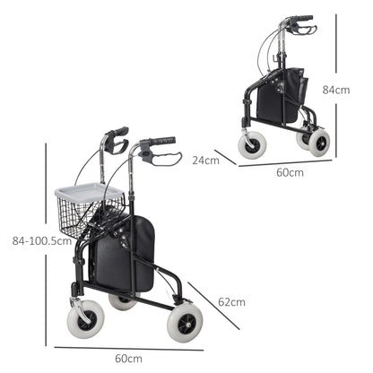 Height Adjustable Walker for Elderly and Disabled with Basket and Tray, 60x62x84-100.5 cm, Black