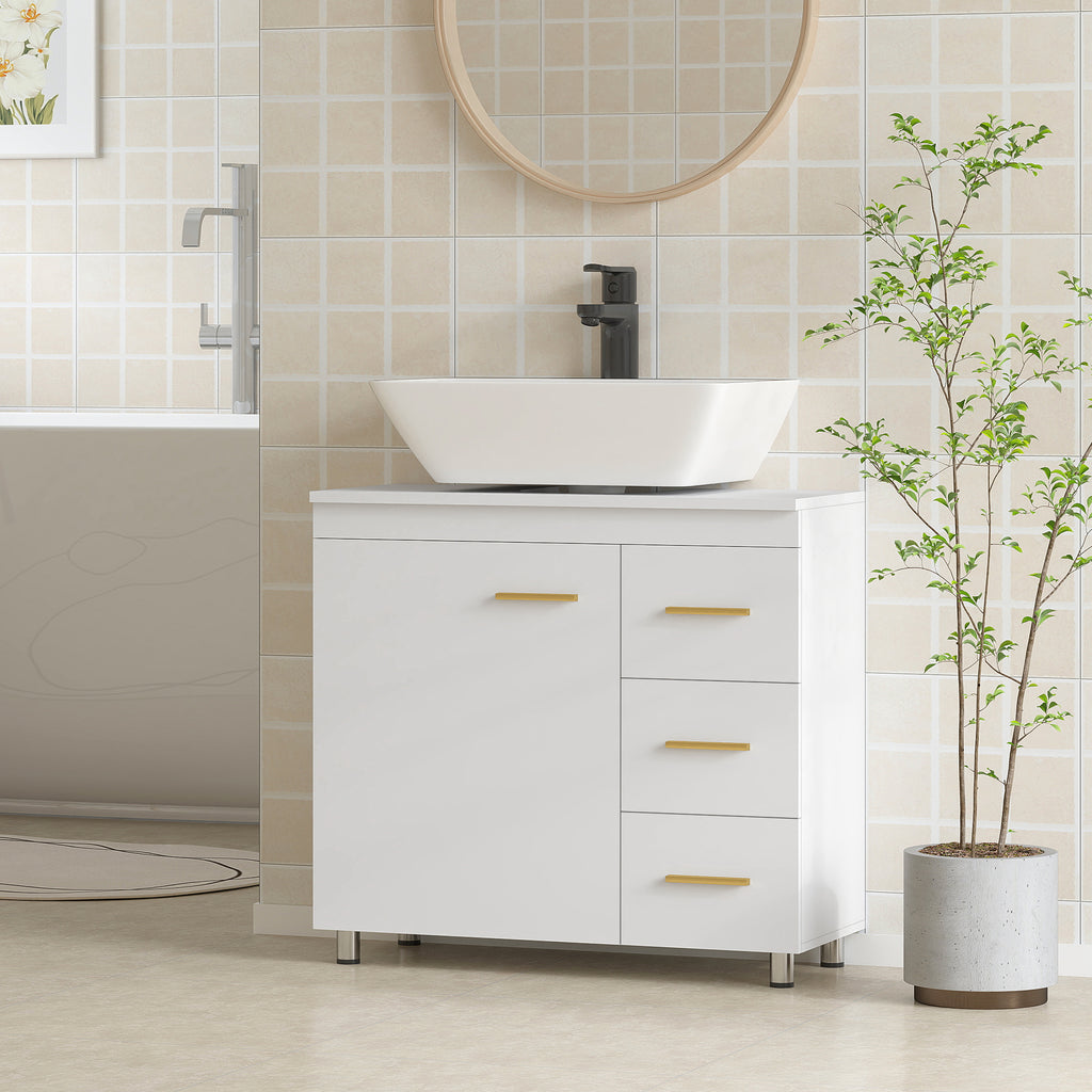 Under Sink Cabinet with U-Shaped Cutout, Cabinet with 3 Drawers, Soft-Close, 70x30x65 cm, White