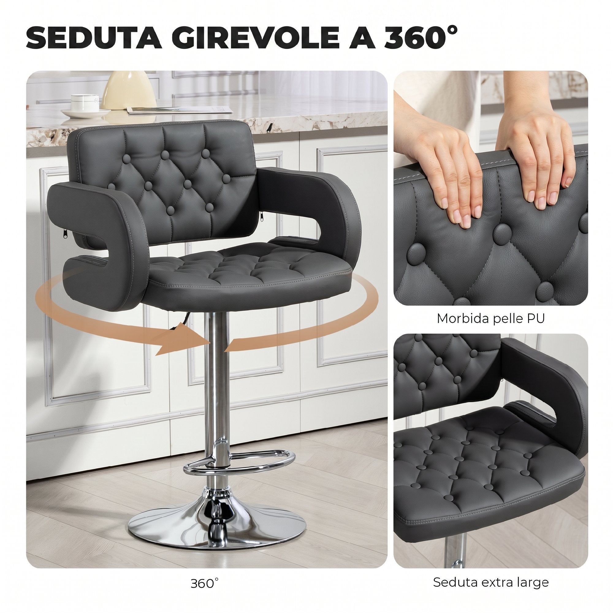 HOMCOM Adjustable Bar Stool, Extra Large Swivel PU Leather Seat, Grey