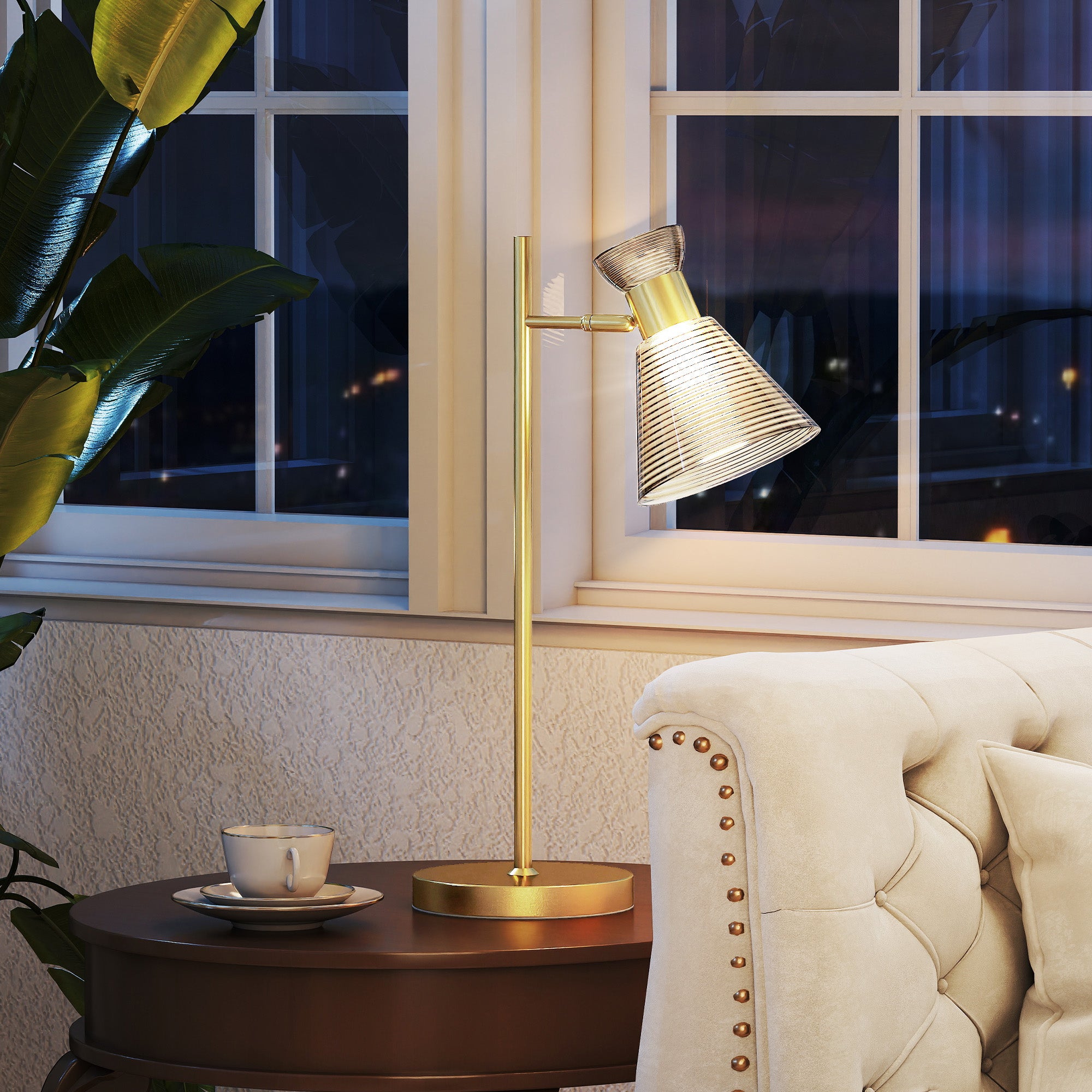 Modern Table Lamp with Adjustable Amber and Satin Glass Lampshade, E27 Socket, Gold