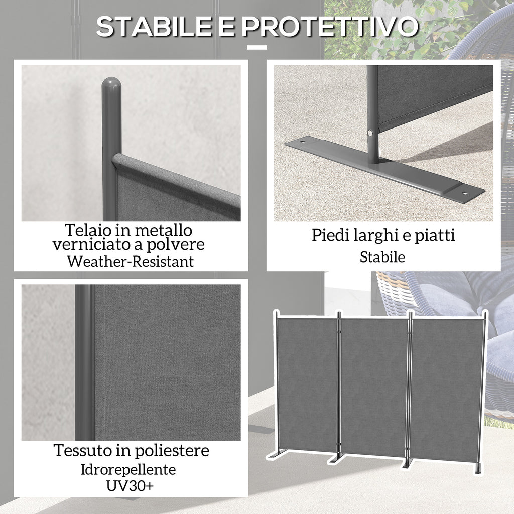 Outdoor Screen with 3 Folding and Adjustable Panels, in Polyester and Metal, 252x44x176 cm, Charcoal Gray