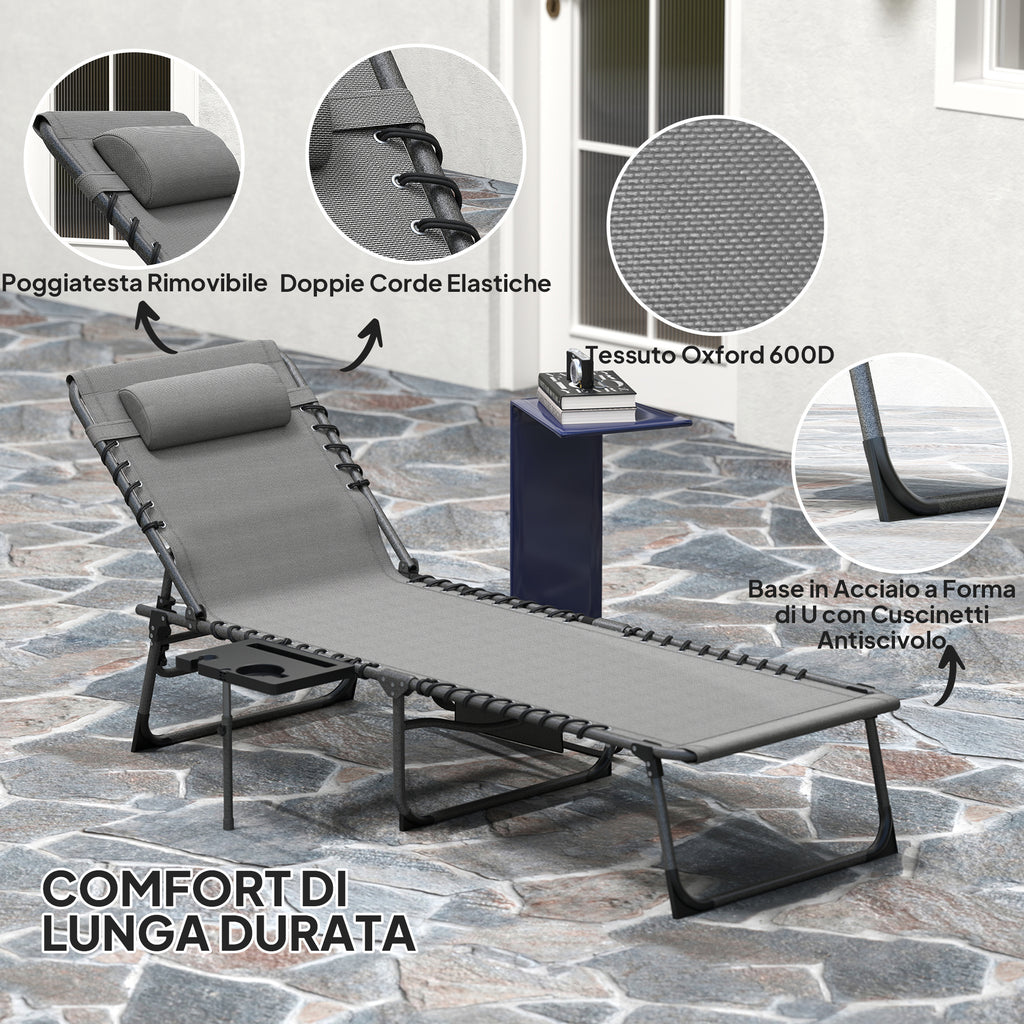 Folding and Reclining Garden Deckchair with 5 Levels with Side Table and Pocket, 60x190x31 cm, Gray and Black
