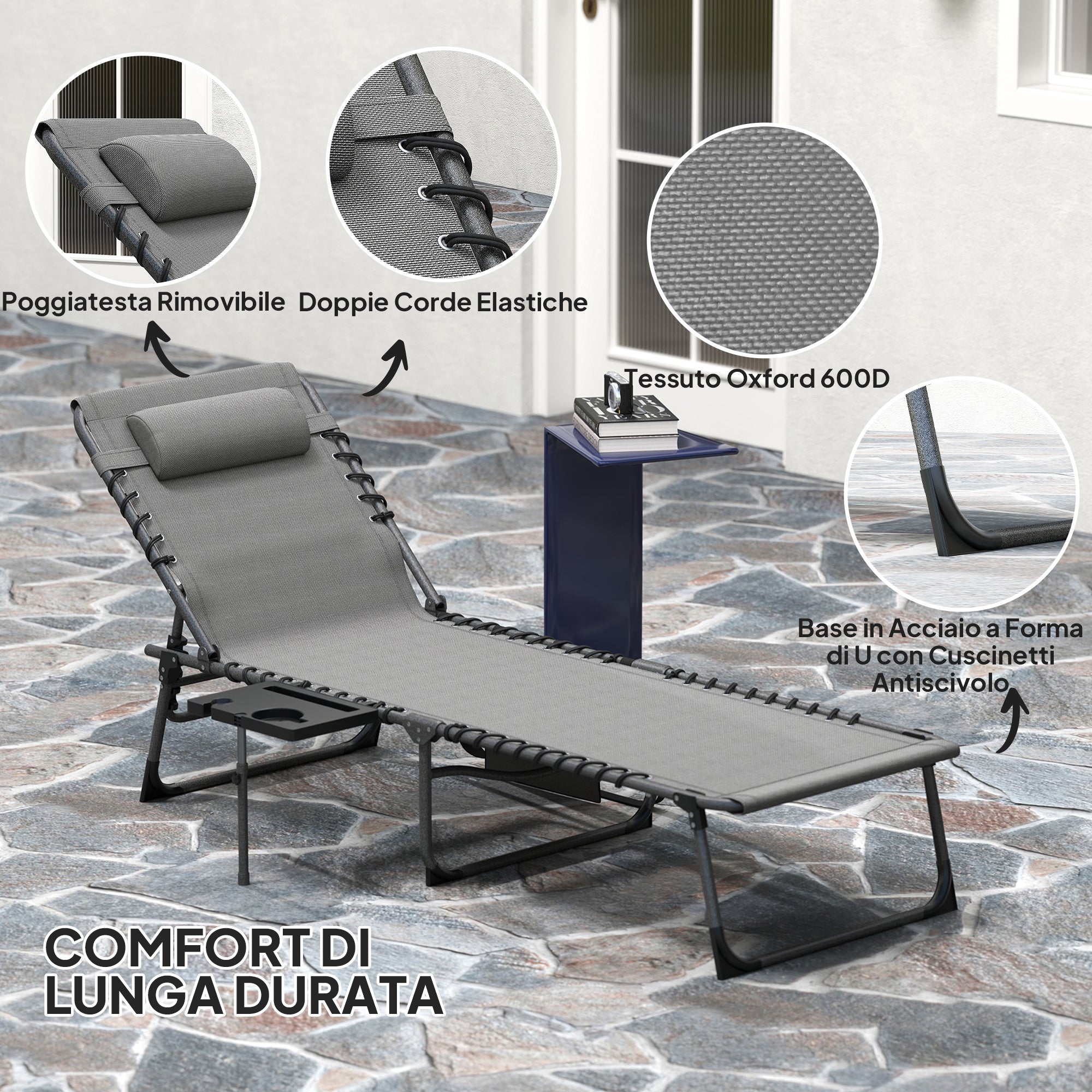 Folding and Reclining Garden Deckchair with 5 Levels with Side Table and Pocket, 60x190x31 cm, Gray and Black