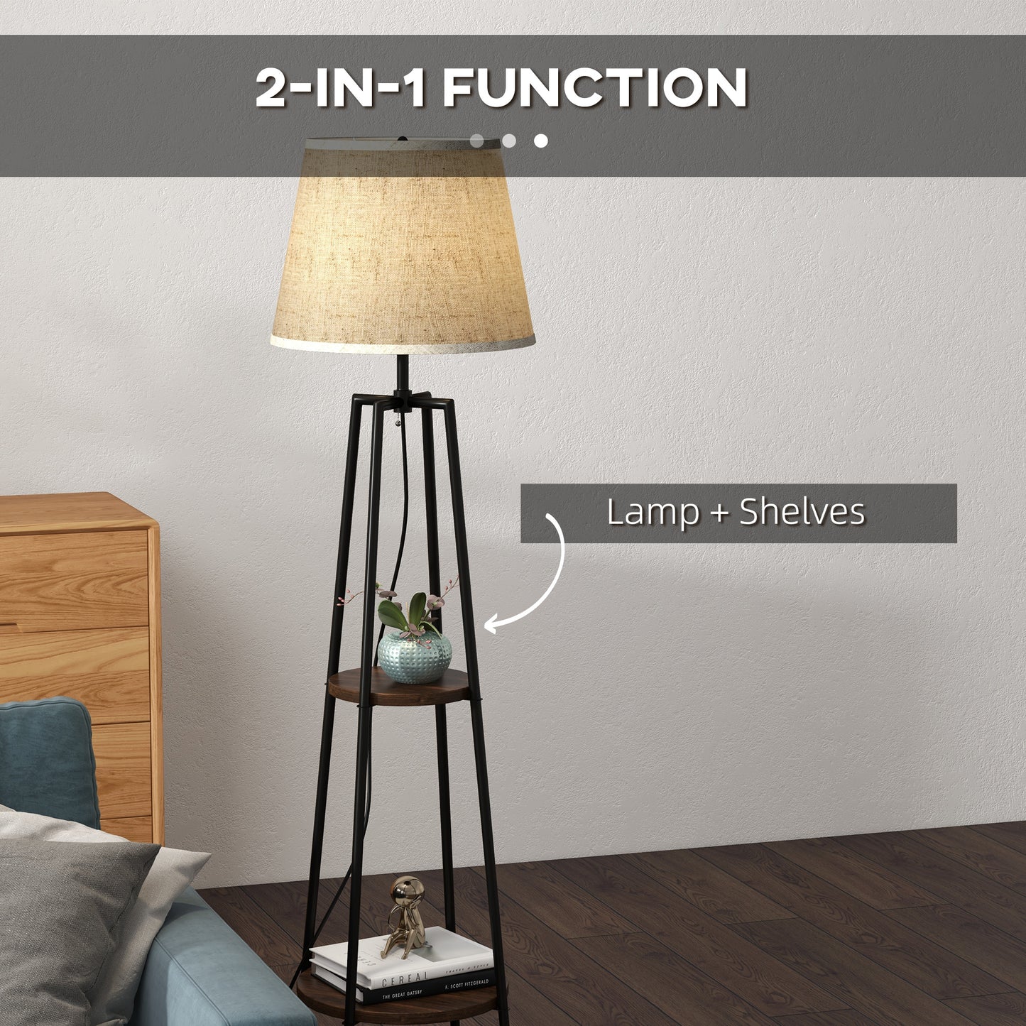 Floor Lamp with 2 Shelves in Metal and MDF with Fabric Lampshade, Ø42x166 cm, Black and Brown