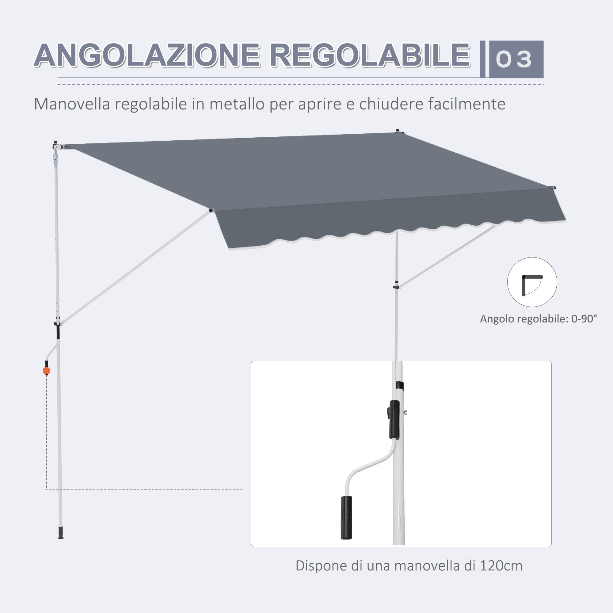 Awning with Roller Arms with Crank and Telescopic Structure, 4x1.2m, Gray