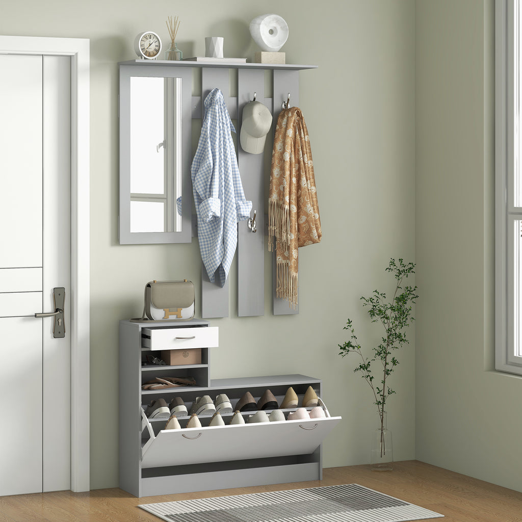 TWENTY | Coat Stand 3 in 1 with Shoe Rack and Mirror, Hooks and Drawers, in Wood, 90x10x102 cm, White and Grey
