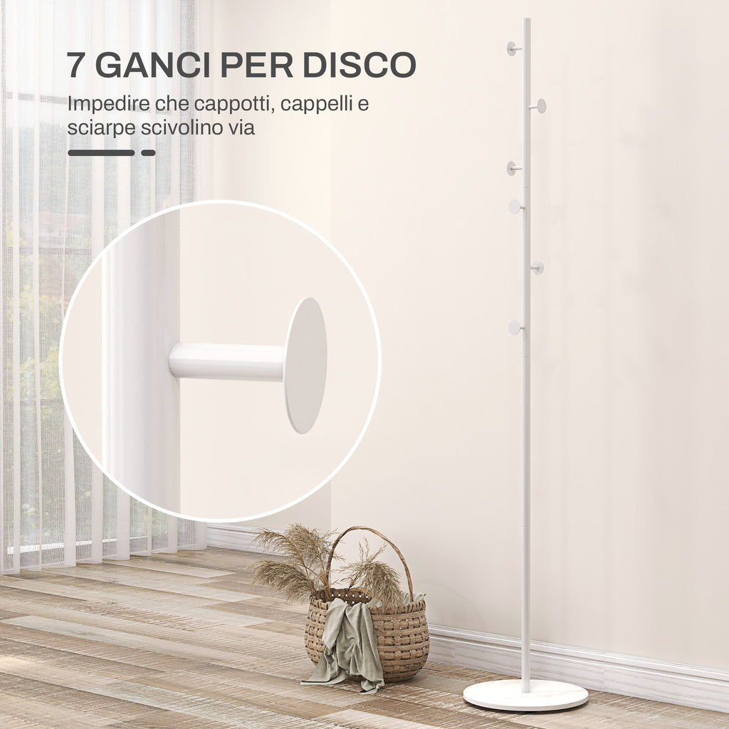 Freestanding Coat Rack with 6 Steel Disc Hooks and Slate Base, White